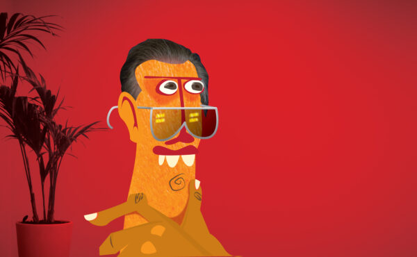 Figurative image of a man with glasses in a red room